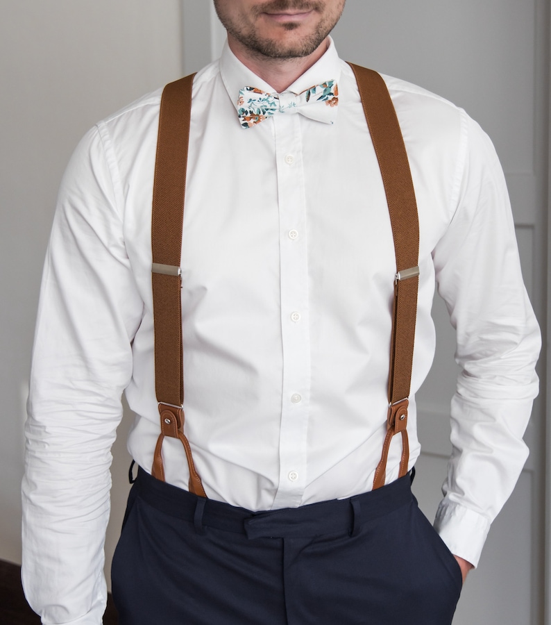 Brown suspenders for men, button suspenders, wedding suspenders for groom groomsmen, elastic suspenders, clip suspenders image 2