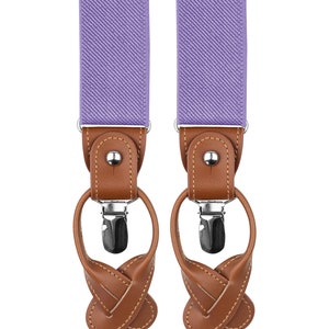 Purple suspenders for men, Brown leather button tab and clip braces, Lavender multifit wedding suspenders for groom groomsmen image 7