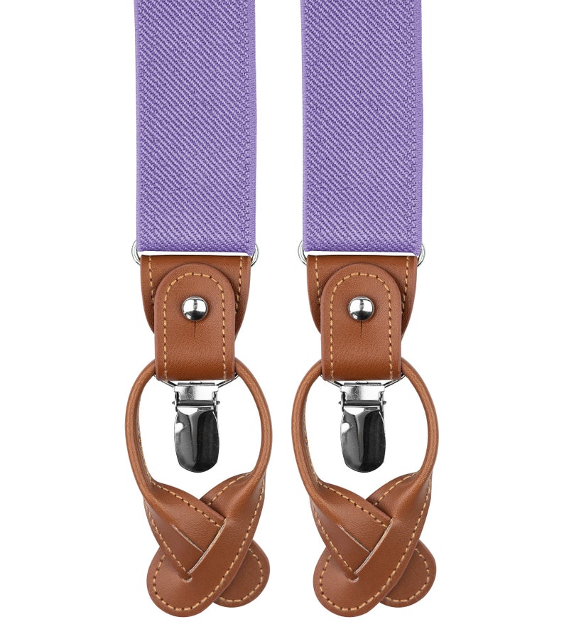 Purple suspenders for men, Brown leather button tab and clip braces, Lavender multifit wedding suspenders for groom groomsmen image 7