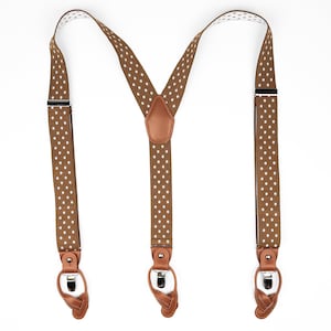 Brown suspenders with white dots for men, Tan brown button suspenders, Wedding suspenders for groom groomsmen, loop clip suspenders image 3