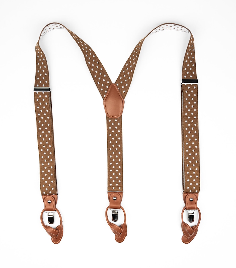 Brown suspenders with white dots for men, Tan brown button suspenders, Wedding suspenders for groom groomsmen, loop clip suspenders image 3