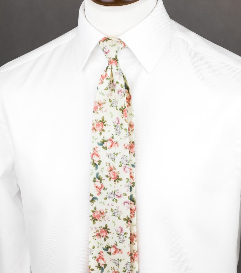 Cream white floral tie for men pink rose cotton tie for | Etsy