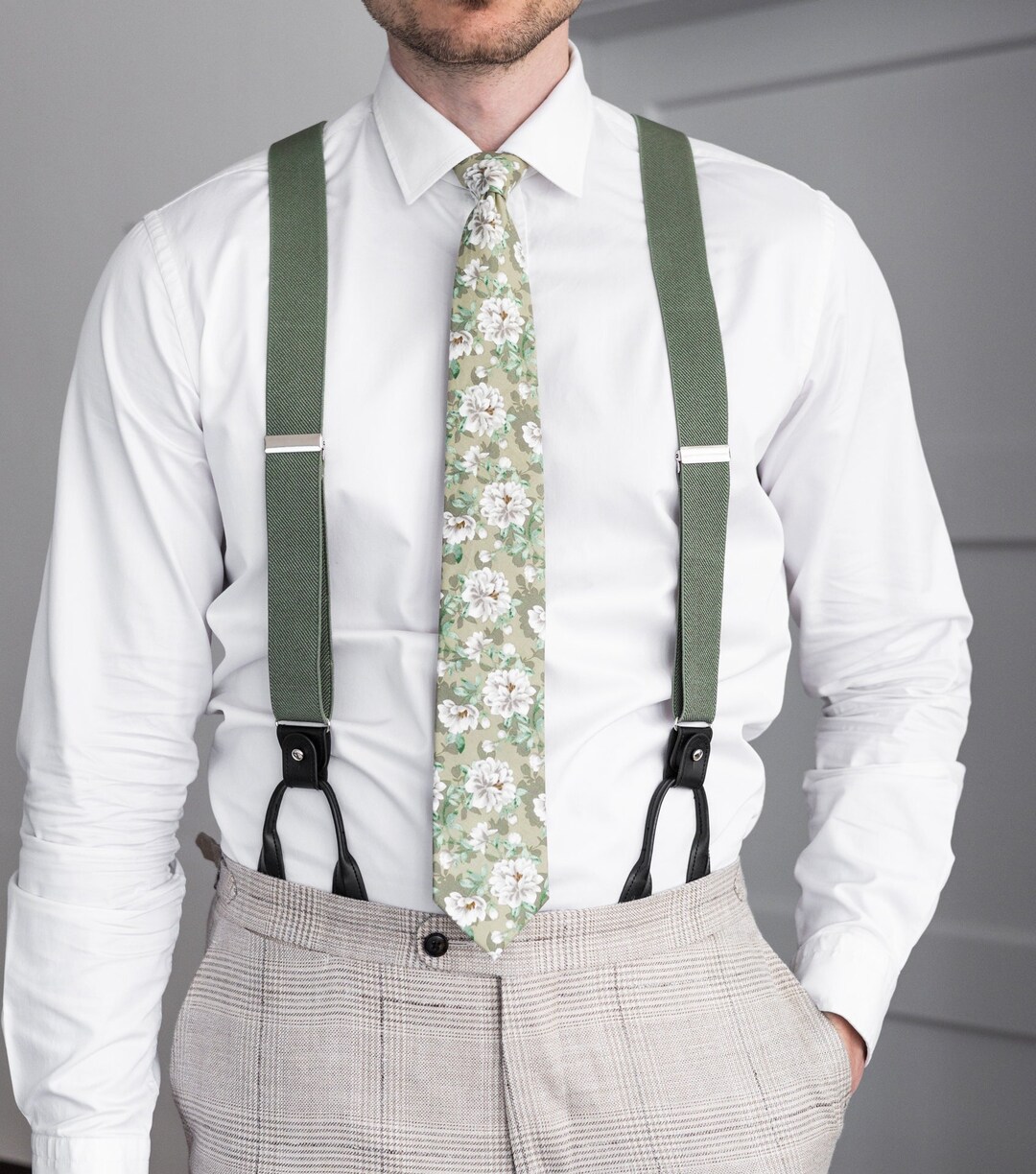 Sage Green Suspenders, Black Leather Button Suspenders, Clip Braces