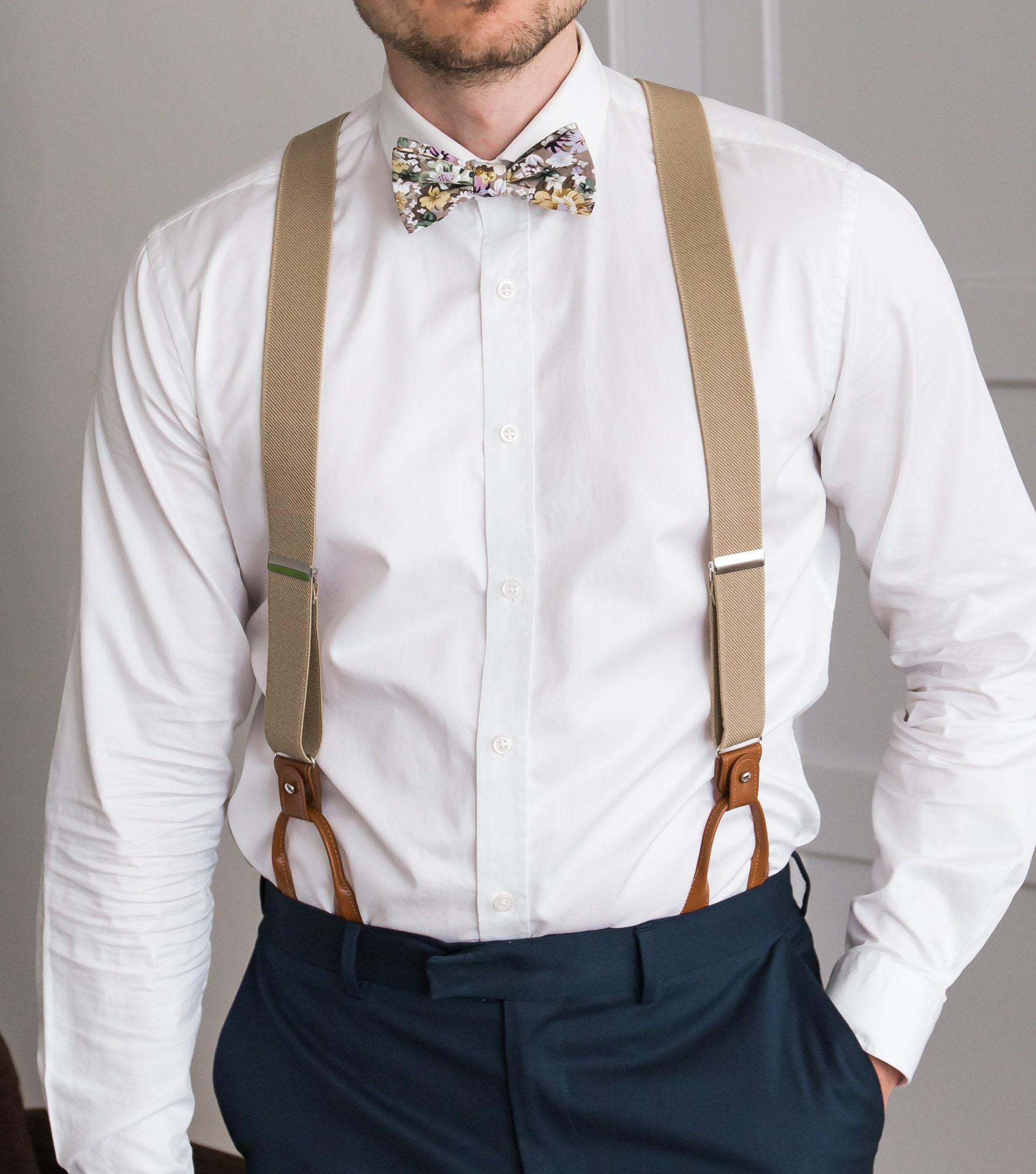 YCKYIGO Vintage Suspenders for Men，Brown Leather Button Tab and Clip Braces  Formal Wedding Groomsmen Suspenders,Brown, Brown, Large