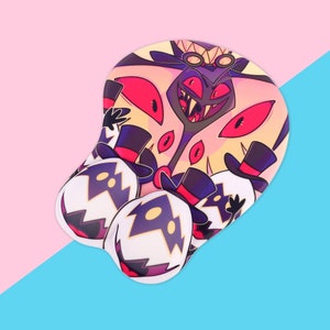 May include: A pink and yellow mouse pad with a cartoon character with multiple eyes and a top hat. The character is wearing a purple and black outfit and has a large mouth with sharp teeth. The mouse pad has a white border and a textured surface.