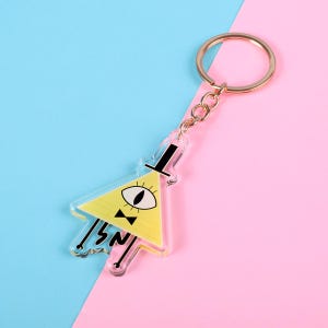 May include: A yellow triangle keyring featuring a single eye, a black bow tie, and the text "ISN" in black. The keyring has a gold-coloured ring and chain. The background is split between light blue and pink.