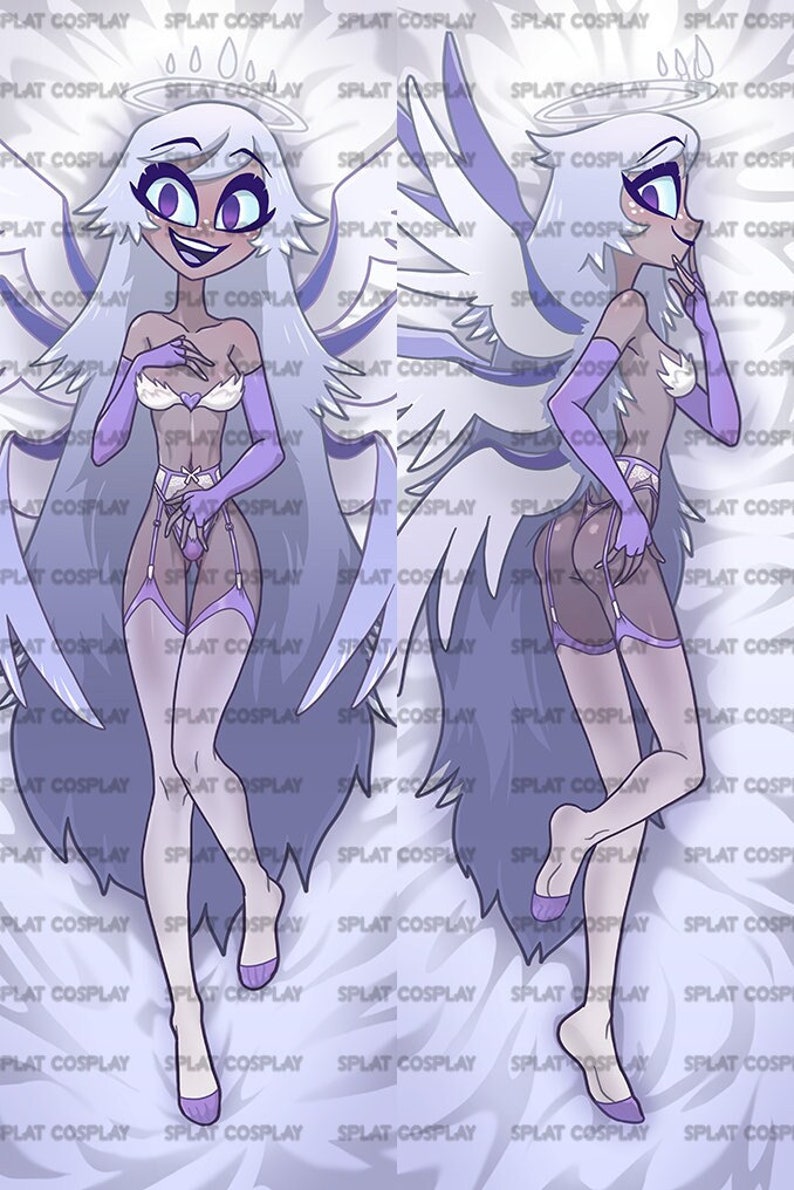 Puede incluir: Una ilustraci&oacute;n digital de un &aacute;ngel con alas blancas y cabello largo y blanco. El &aacute;ngel lleva un conjunto de lencer&iacute;a morado y blanco y un halo. El fondo es blanco con el texto "SPLAT COSPLAY" repetido.