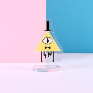 May include: A yellow triangle character with a single eye, a black top hat, and a bow tie. The character has black legs and is on a clear, circular base. The background is split between pink and blue.