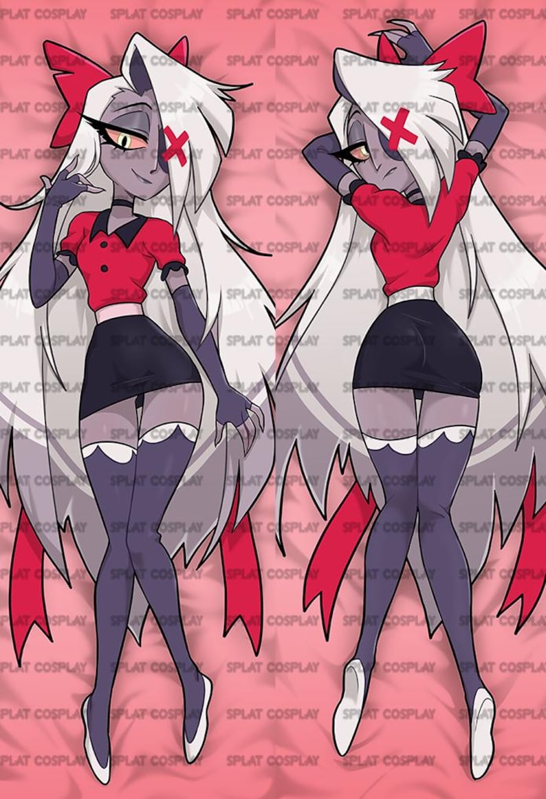 May include: A body pillow featuring a cartoon character with long white hair, a red bow, and a red cross on the face. The character wears a red top, black skirt, and purple stockings. The background is pink.