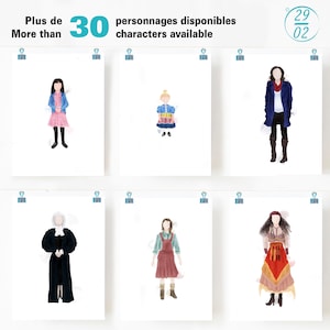 Puede incluir: Seis ilustraciones de personajes, cada una representando una figura de cuerpo entero con diferentes atuendos. Las impresiones están sujetas a un fondo blanco. El texto en la parte superior dice "More than 30 characters available" en inglés y francés.