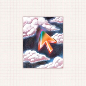May include: An illustration featuring a vibrant, multi-coloured cursor arrow, set against a backdrop of fluffy white clouds and a dark blue sky. The arrow has a gradient of colours, including orange, green, and purple.