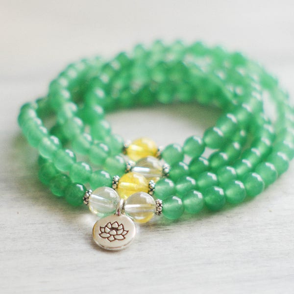 PROSPERITY - Green Aventurine 108 Mala - Healing Bracelet - Mala Necklace - Zen Bracelet - Lotus Mala - Yoga Bracelet  - Healing Jewelry