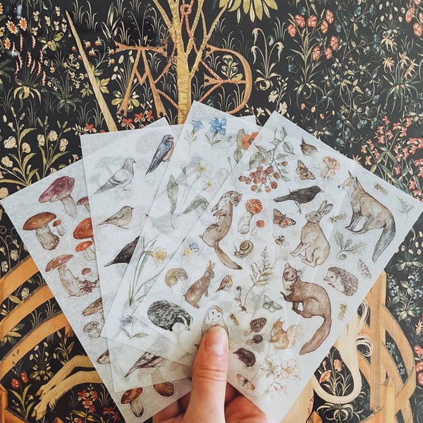 Sticker Sheet - Hedgerow Magic | journal stickers, calendar, planner stickers, scrapbook stickers, cozy art, illustration, cozy, animal