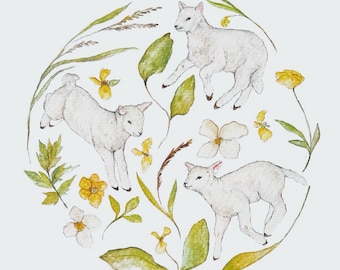 Playful Lambs Illustration Print