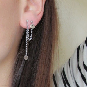 Double piercing chain earring, two holes earring, disc earring, surgical steel earring, stainless steel earring, a gift