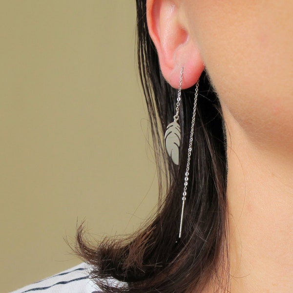 Feather earrings, threader earrings, bird feather earrings, stainless steel earrings, surgical steel earrings, double piercing, a gift