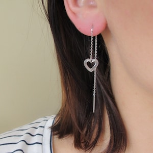 Threader earrings, heart earrings, two holes earrings, stainless steel earrings, surgical steel earrings, double piercing, a gift