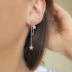 Double piercing chain earring, two holes earring, star earring, surgical steel earring, stainless steel earring, a gift
