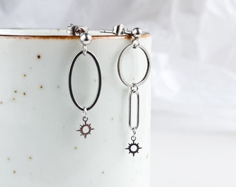 Sun earrings, mismatched  earrings, odd earrings, geometric earrings,  stainless steel earrings, surgical steel earrings