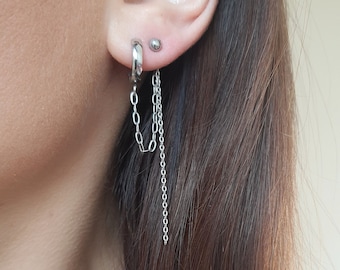 Cerceaux Huggie avec chaînes, boucles d’oreilles cerceau, boucles d’oreilles double perçantes, cerceaux en acier inoxydable, boucles d’oreilles à clous, Kpop, hypoallergénique