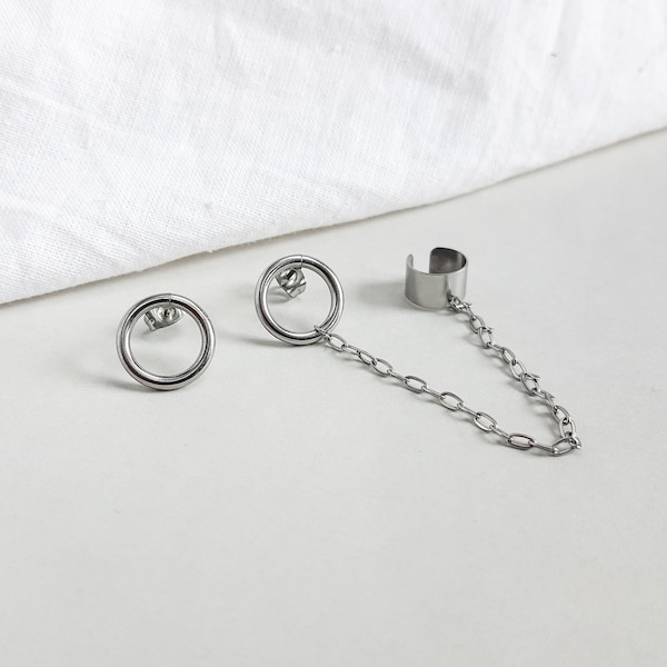 Ear cuff with chain, chain ear cuff earring, circle earrings, stainless steel earrings, stud earrings, Kpop, hypoallergenic