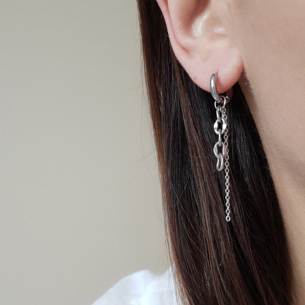 Cerceaux Huggie avec chaînes, ensemble boucles d’oreilles cerceau, cerceaux en acier inoxydable, boucles d’oreilles à clous, Kpop, hypoallergénique