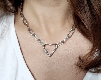 Collier de chaîne à fermoir cardiaque, choker à chaîne épaisse, choker en acier chirurgical, collier de chaîne, bijoux minimalistes, collier superposé,