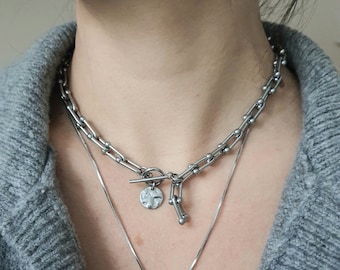 Dikke kettingketting met schijf, kettingchoker, chirurgisch stalen choker, kettingketting, minimalistische sieraden, gelaagdheid ketting,