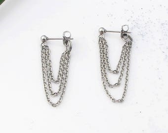 Triple Chain Dangle Earrings,  double sided earrings, stainless steel earrings, chain earrings, surgical steel, hypoallergenic, a gift
