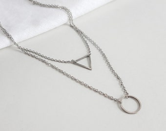 Circle and triangle charm necklace, surgical steel necklace, chain necklace, layered necklace, minimalist necklace, layering necklace