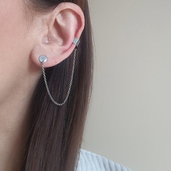 Ear cuff with chain, chain ear cuff earring, circle earrings, stainless  steel earrings, stud earrings, Kpop, hypoallergenic