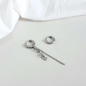 Huggie hoops with chains, hoop earrings set, stainless steel hoops, stud earrings, Kpop, hypoallergenic
