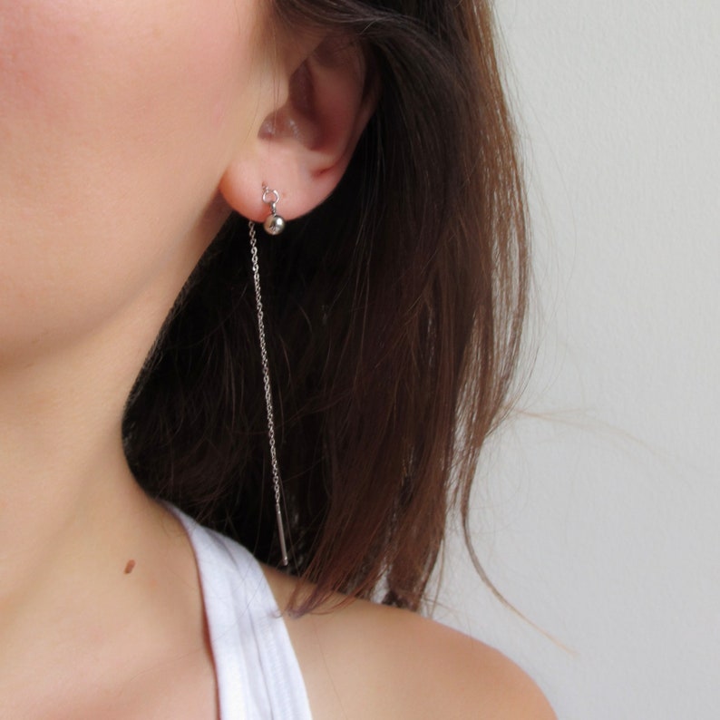 Threader Earrings Ball Threaders Chain Earrings Stainless Etsy