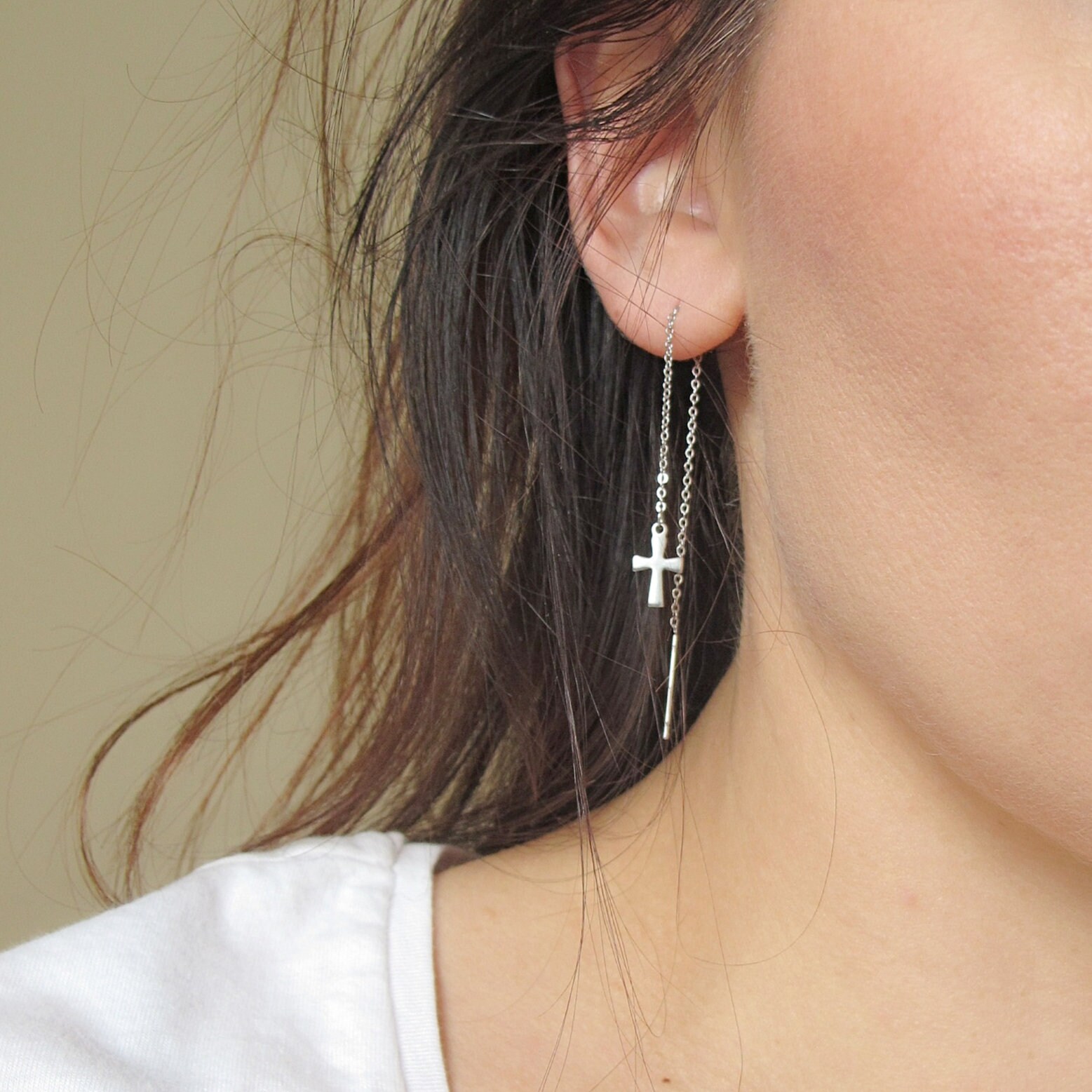 Cross Earrings Threader Earrings Chain Earrings Drop Earrings Stainless Steel Earrings Surgical Steel Earrings Dainty Jewelry Etsy UK