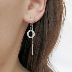 Circle earrings, threader earrings stainless steel, chain threaders, circle threaders, surgical steel 316L, double piercing earrings