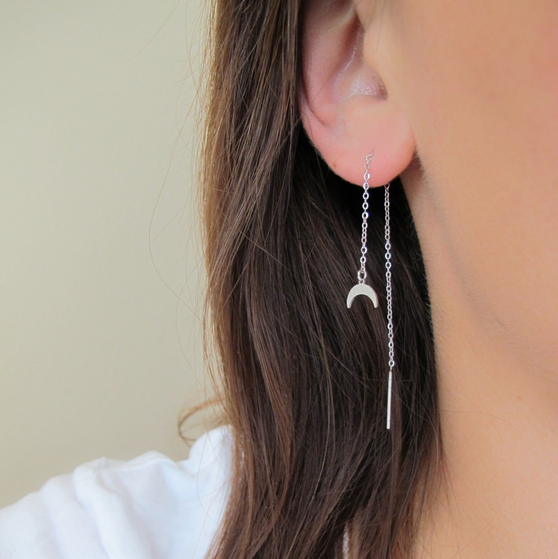 Moon threader earrings cresent earrings threaders stainless Etsy