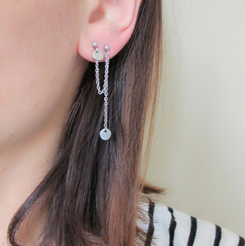 Double Piercing Chain Earring Two Holes Earring Disc Etsy
