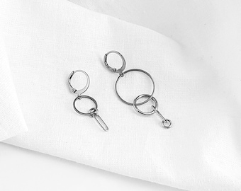 Mismatched  earrings, geometric earrings with circles, odd earrimgs, circle earrings, stainless steel earrings, surgical steel earrings