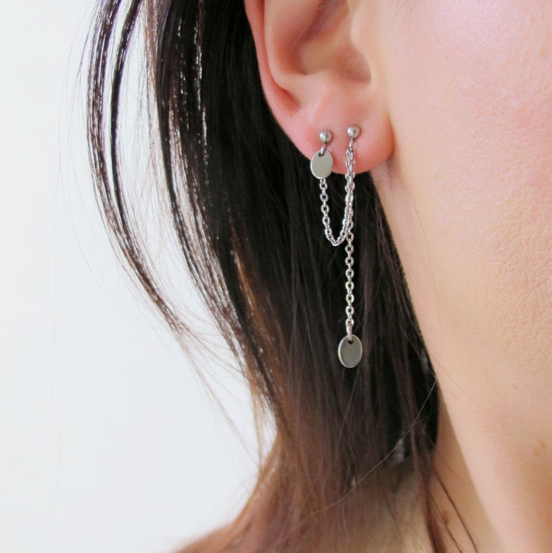 Double Piercing Chain Earring Two Holes Earring Oval Disc Etsy