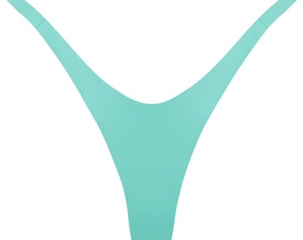 May include: A light turquoise thong-style bottom. The garment has a high-cut leg design and a minimal back coverage. The fabric appears smooth and seamless, with a matte finish. The overall shape is a V-shape.