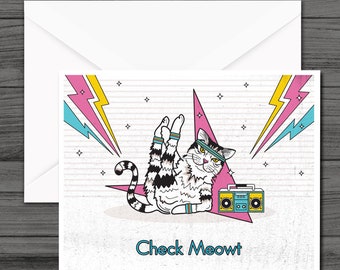 Carte de correspondance pour chat entraînement des années 80, miaou, papeterie chat rétro, cartes de chat drôles, cadeau pour amoureux des chats, cartes de voeux de chat