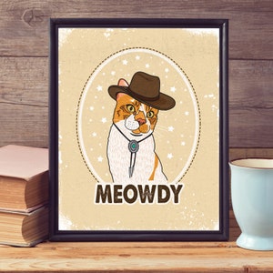 May include: A cartoon illustration of a cat wearing a cowboy hat and a bolo tie. The cat is sitting in a circle with stars and the text "MEOWDY" below.