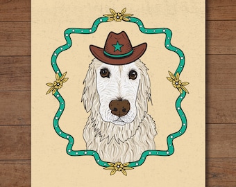 Western Dog Art Print, Golden Retriever, Home & Office Decor, Affiche de cowboy, Cadeau d’amoureux des chiens, Wild West Nursery, Country Western Dog