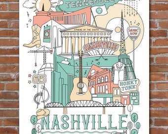 Nashville TN City Art Print, Tennessee Travel Poster, Music Art Gift, Music City Home Decor, Country Music City Art, Grand Ole Opry,