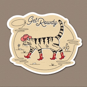 Get Rowdy Cowboy Cat Sticker, Cat Vinyl Sticker, Cat Lover Gift, Wild West Decal, Country Western Cat