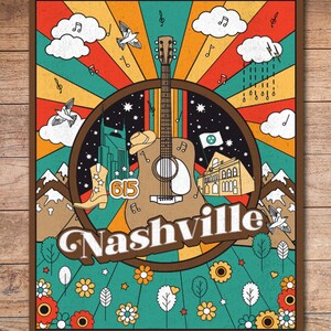 Colorful Nashville City Art Print, Tennessee Home Decor, Music Art Gift, Music City Home Decor, Country Music, 70s Inspired Art