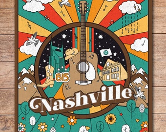 Colorido Nashville City Art Print, Tennessee Home Decor, Music Art Gift, Music City Home Decor, Country Music, 70s Inspired Art