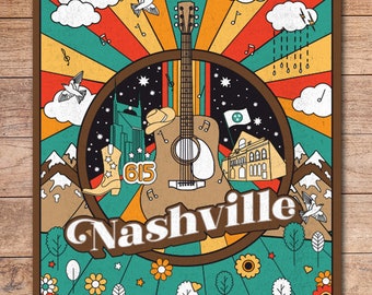 Colorful Nashville City Art Print, Tennessee Home Decor, Music Art Gift, Music City Home Decor, Country Music, 70s Inspired Art