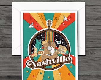 Cartes de correspondance colorées de Nashville, Music City, inspiré des années 70, cartes de voeux vierges toutes occasions, cartes de correspondance vierges, Tennessee