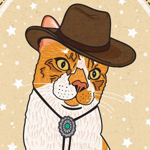 May include: A white and orange cat wearing a brown cowboy hat and a turquoise bolo tie. The cat is looking to the right of the image. The background is a light brown with white stars.
